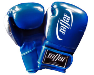 BLue Laminate vinyl boxing gloves 10 oz velcro closure vent palm thumb tie