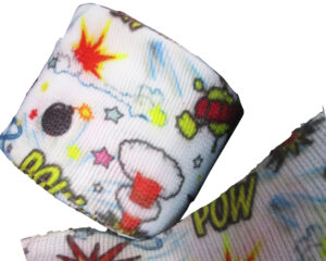 White action themed print 5m white boxers handwrap with print 5m stretch thumb loop and velcro closure
