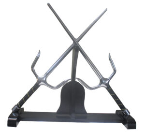 sai stand wooden with black painted easy to assemble holds 1 pair ofr sais upright or inverted in a cross fashiom wooden sai stand